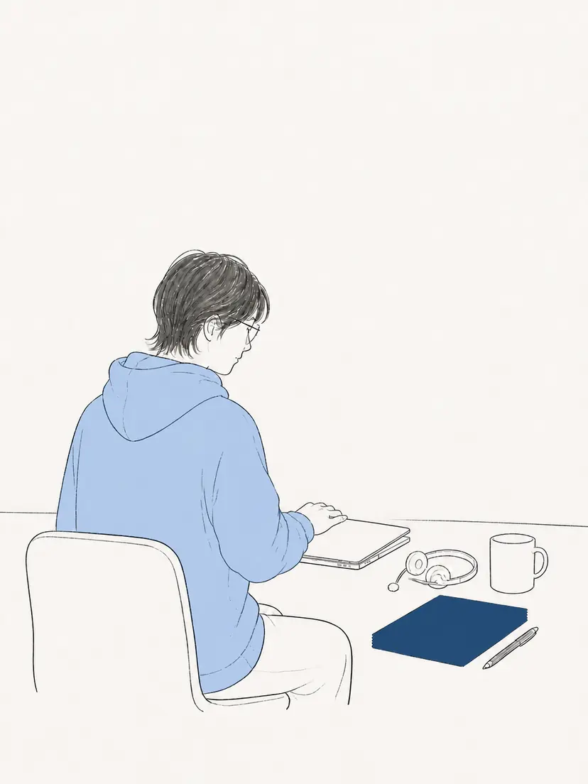 オンライン会議を終えた直後のデスク。散らばっていた手書きのメモが、一つに揃えられている。