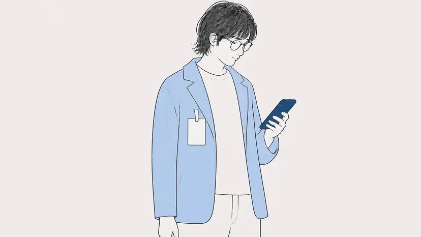 次の商談の直前、スマートフォンを見て前回の要点を確認している人物。